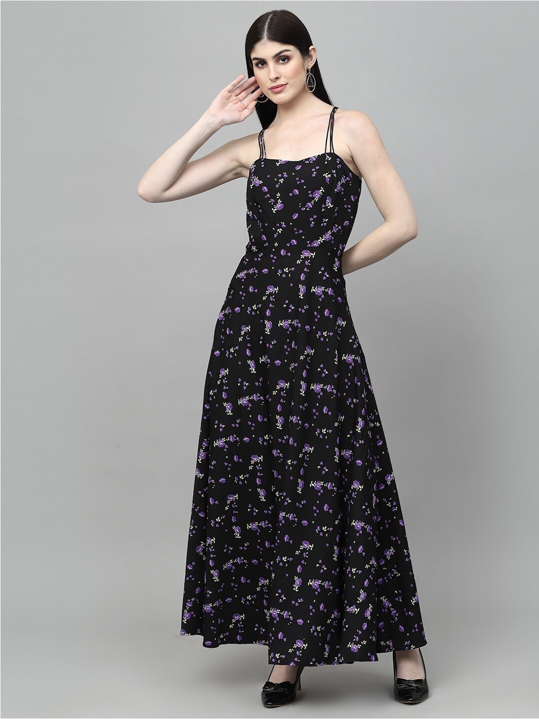 

aayu Floral Printed Shoulder Straps Maxi A-Line Dress, Black