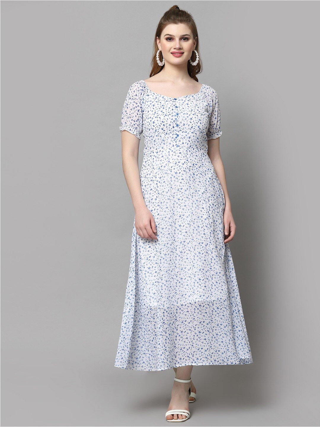 aayu Blue Floral Printed Puff Sleeves Fit & Flare Dress, White