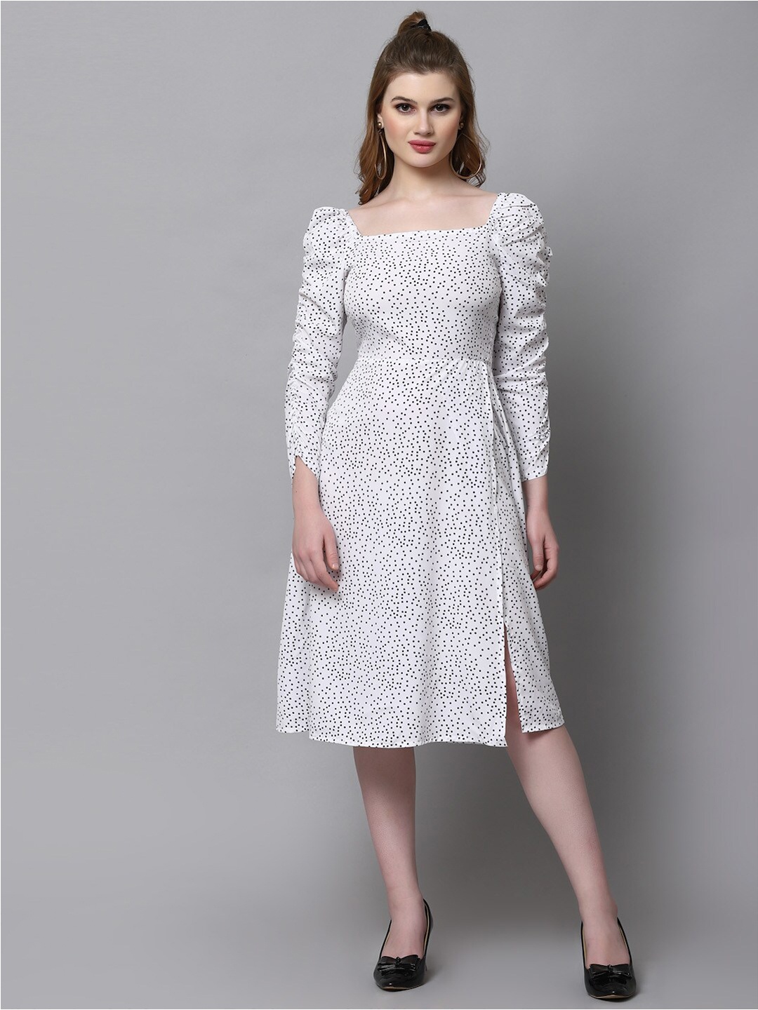

aayu Polka Dots Printed Crepe A-Line Midi Dress, White