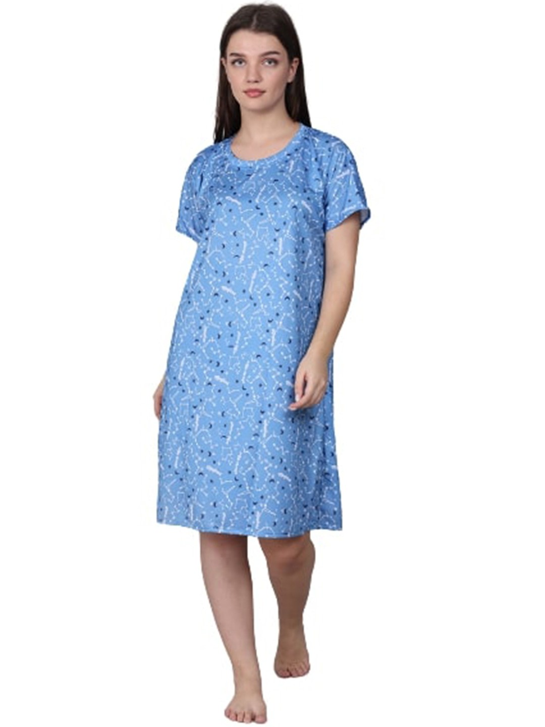 

XPIOX Conversational Printed Satin Nightdress, Blue