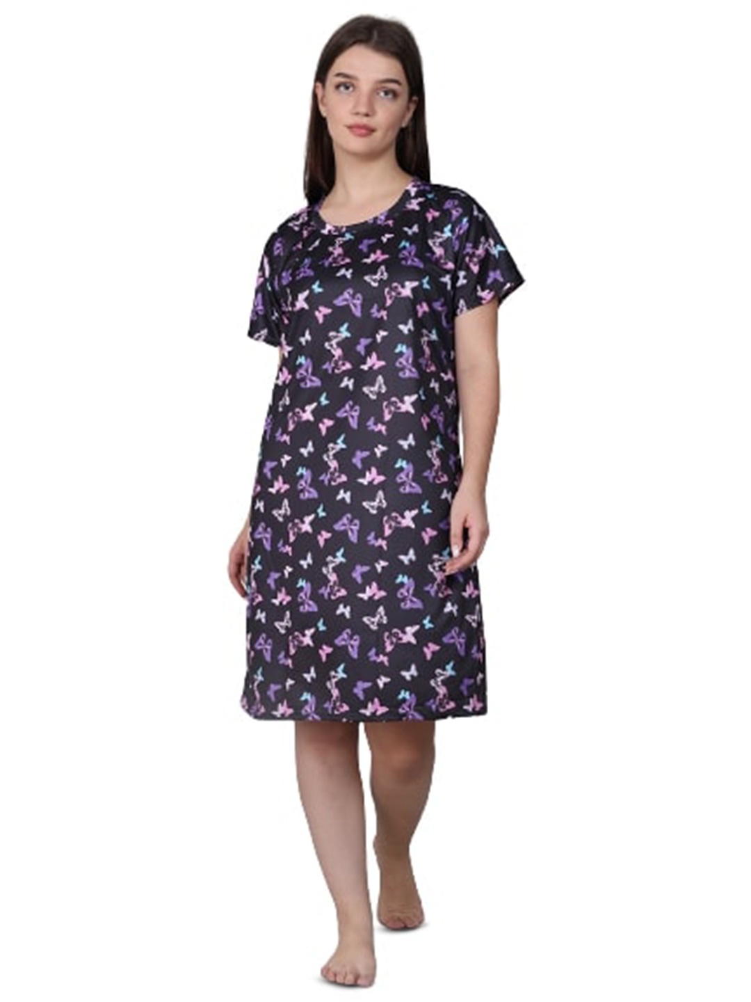 

XPIOX Conversational Printed Satin Nightdress, Black