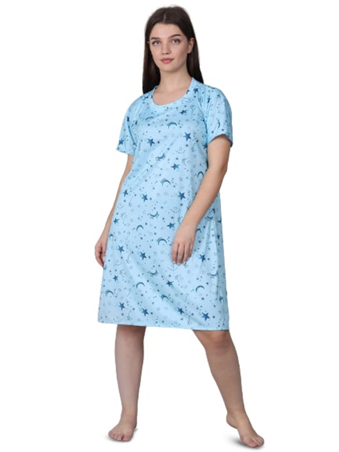 

XPIOX Conversational Printed Satin Nightdress, Turquoise blue