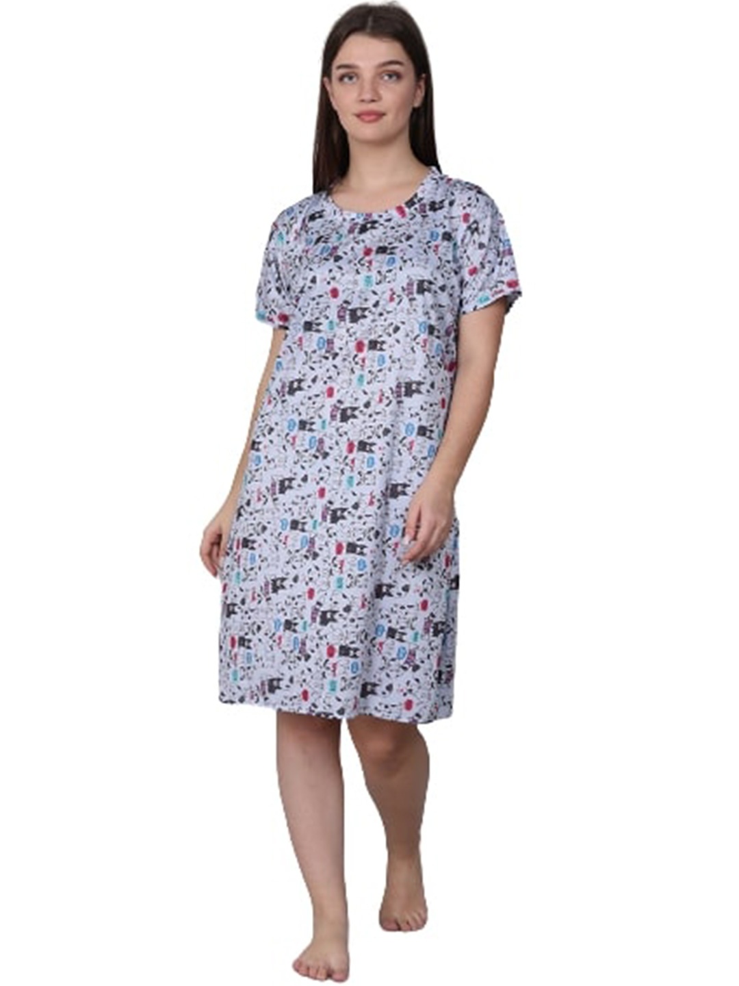 

XPIOX Conversational Printed Satin Nightdress, Off white