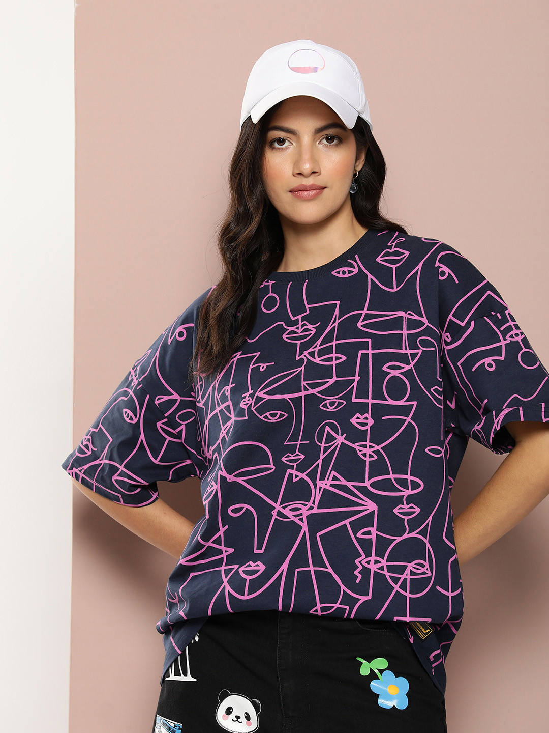 

Stormborn Abstract Printed Cotton Oversized Drop-Shoulder T-shirt, Navy blue