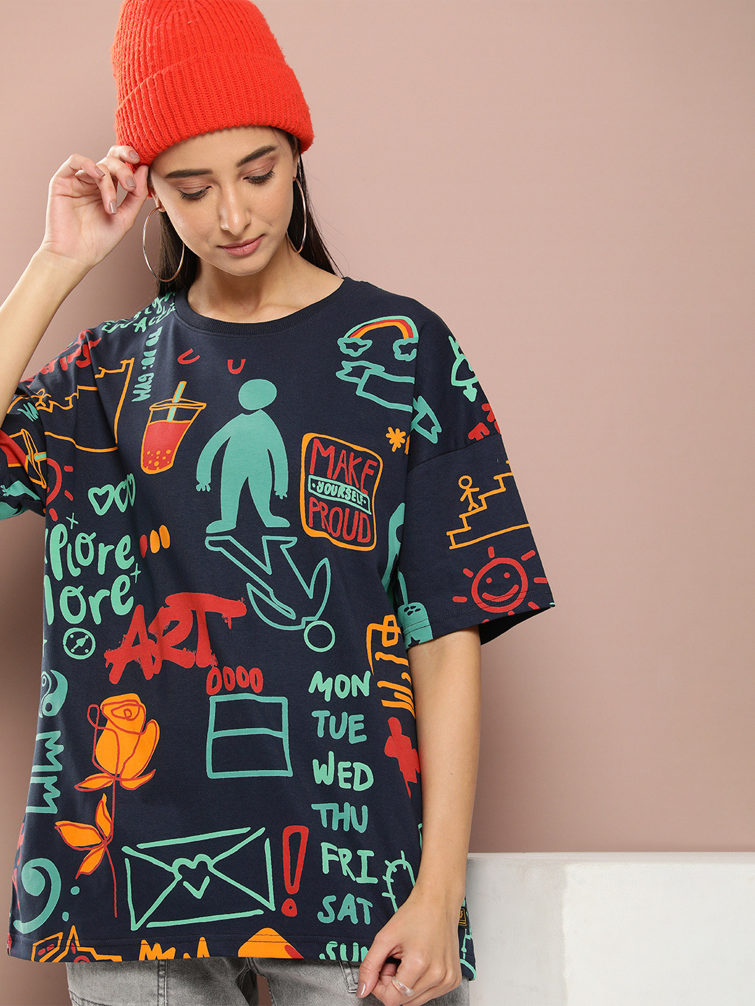 

Stormborn Graphic Printed Cotton Oversized Drop-Shoulder T-shirt, Navy blue