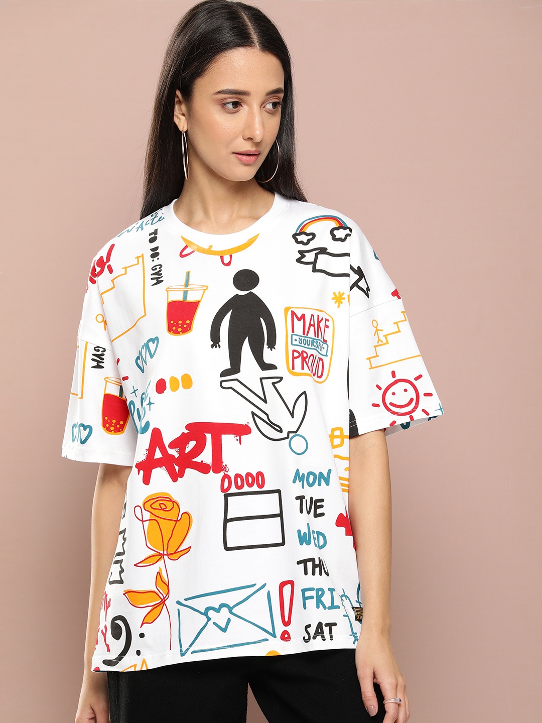 

Stormborn Conversational Printed Drop Shoulder Oversized Pure Cotton T-shirt, White