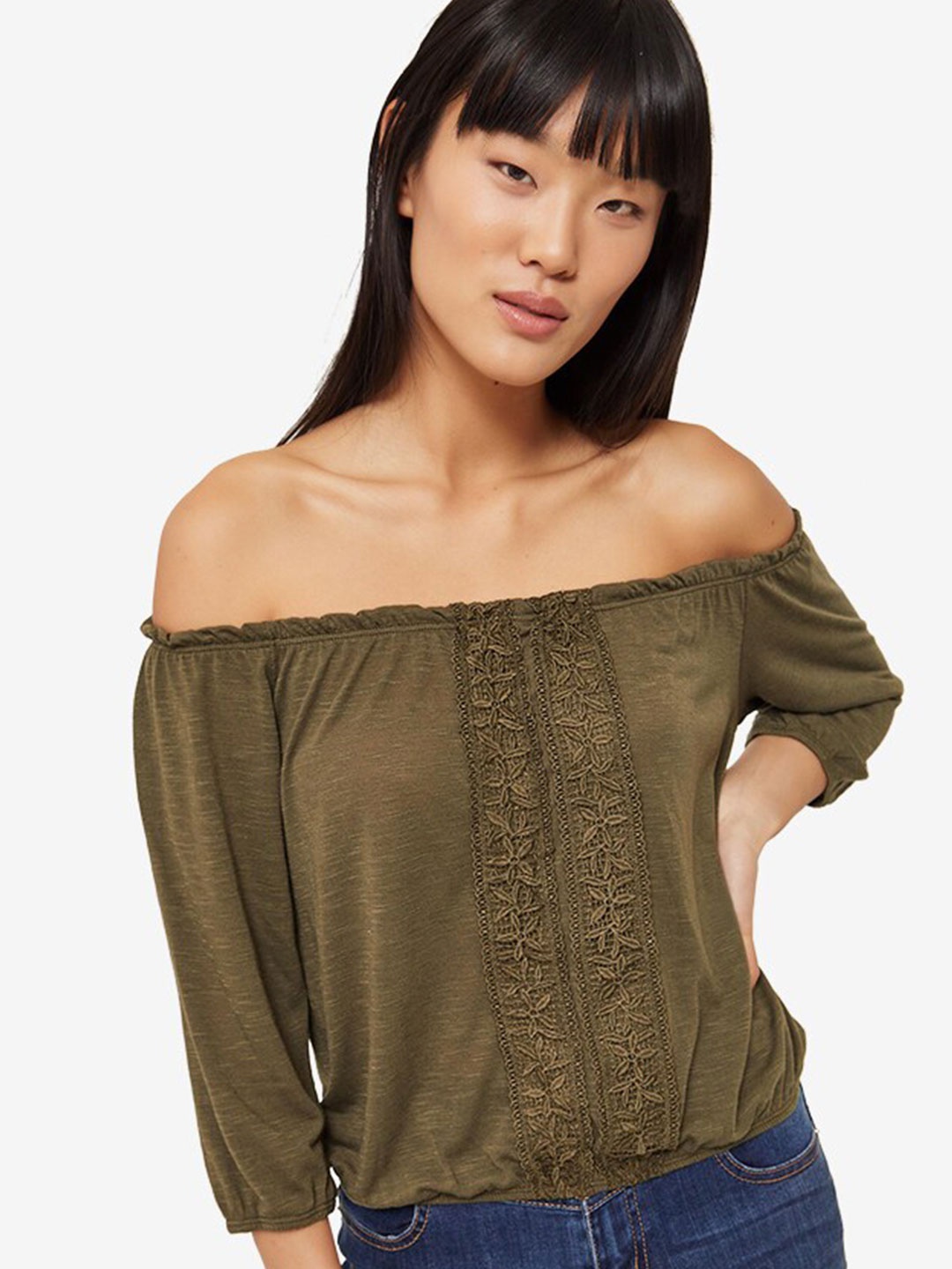 

Ardene Off-Shoulder Puff Sleeves Bardot Top, Green