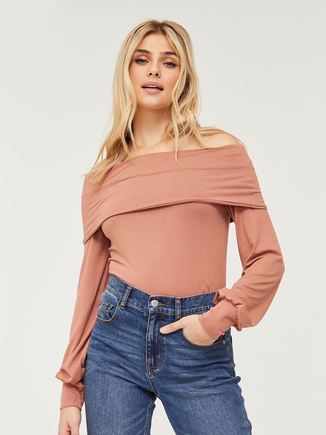 

Ardene Off-Shoulder Puff Sleeves Bardot Top, Peach