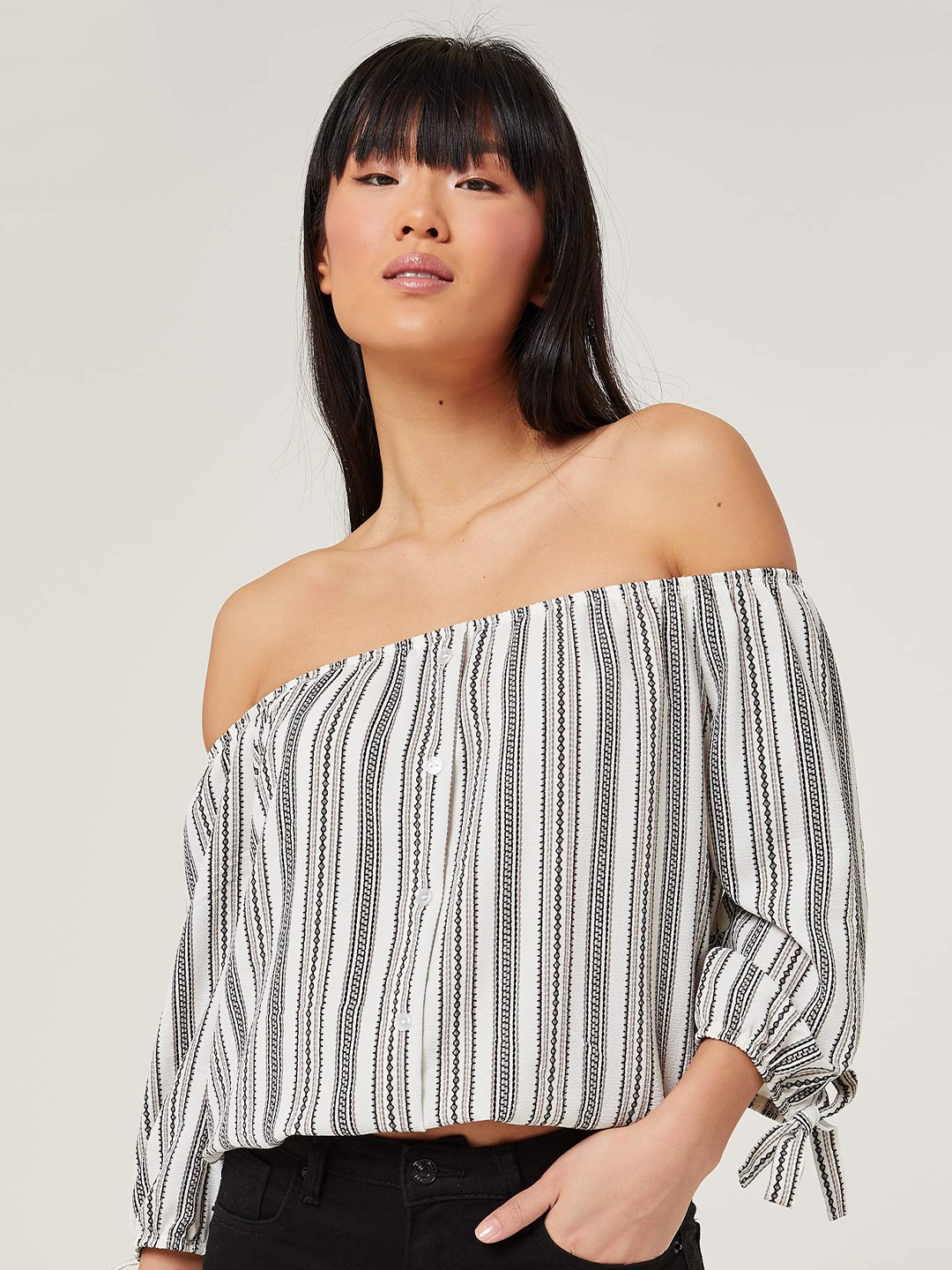 

Ardene Striped Off-Shoulder Bardot Top, White