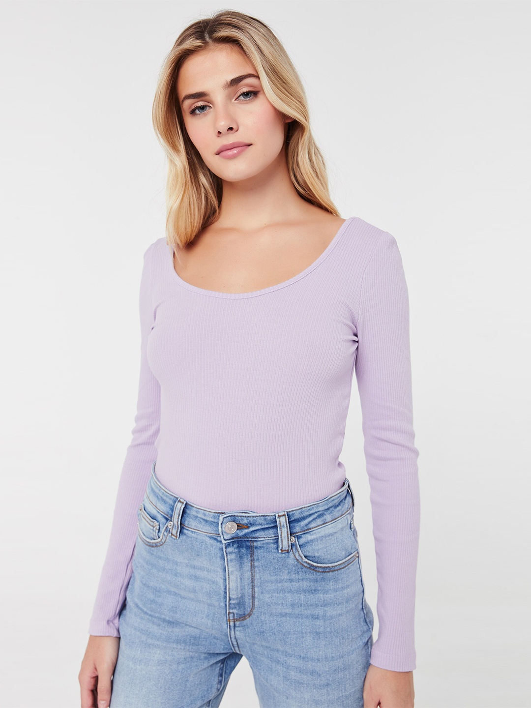 

Ardene Scoop Neck Long Sleeves Cotton Top, Purple
