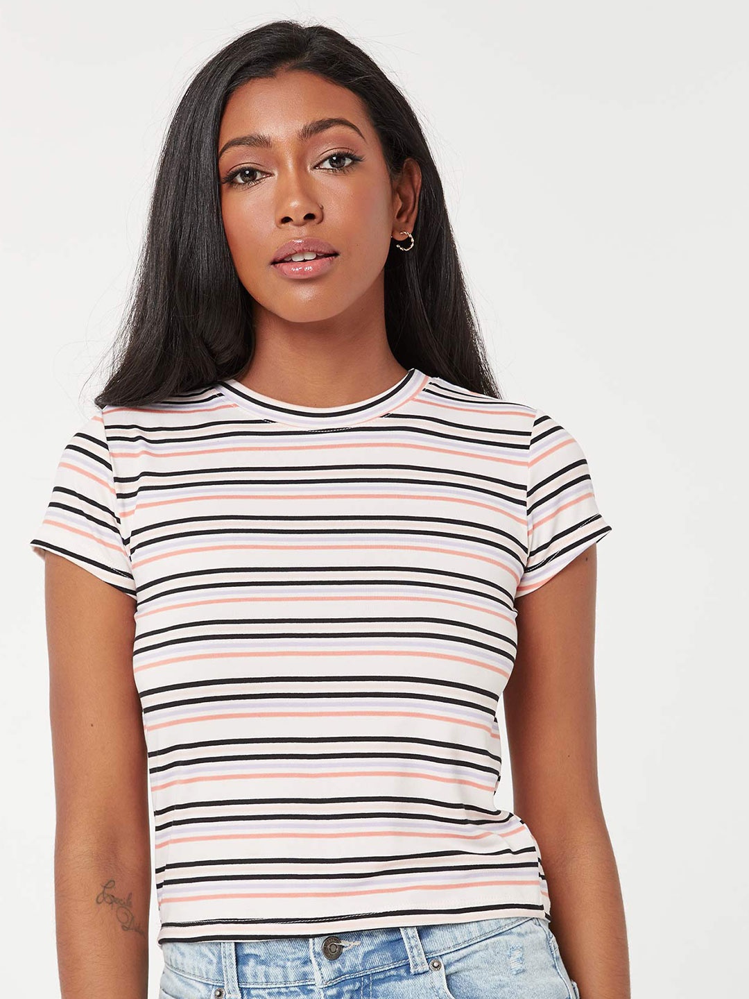 

Ardene Striped Round Neck Top, White