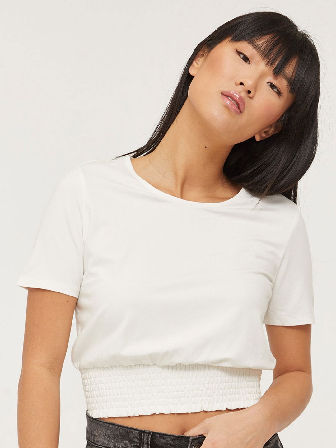 

Ardene Round Neck Smocked Blouson Crop Top, White