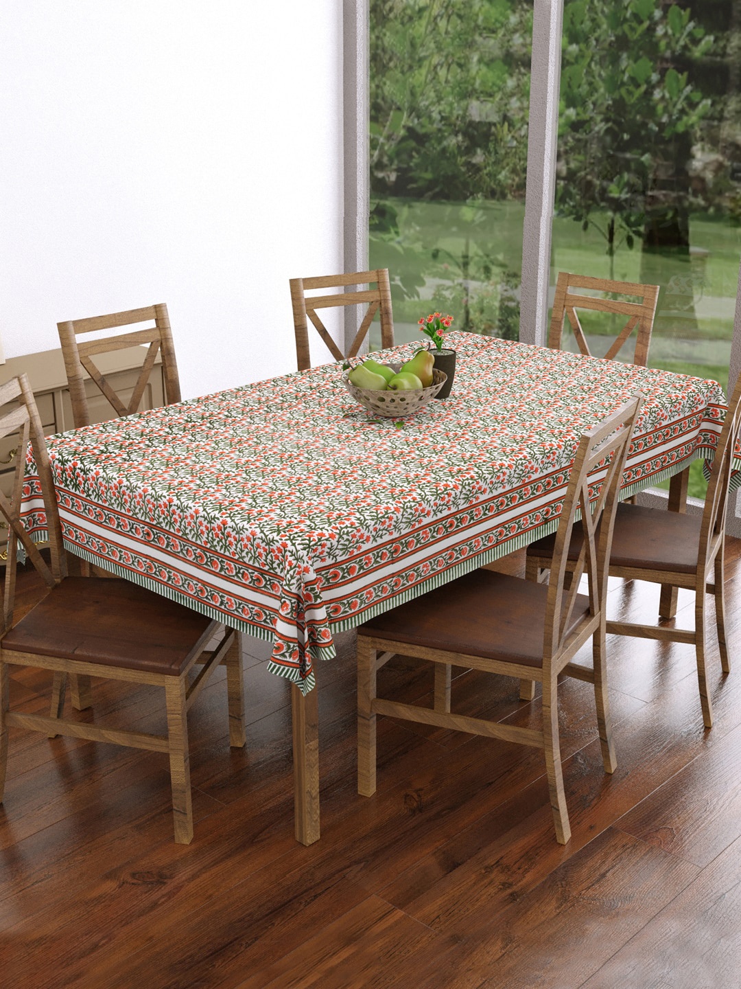 

BLOCKS OF INDIA White & Red Block Printed Pure Cotton 6-Seater Table Cover