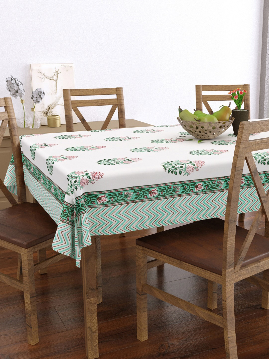 

BLOCKS OF INDIA White & Green Block Printed Pure Cotton 6 Seater Table Cover