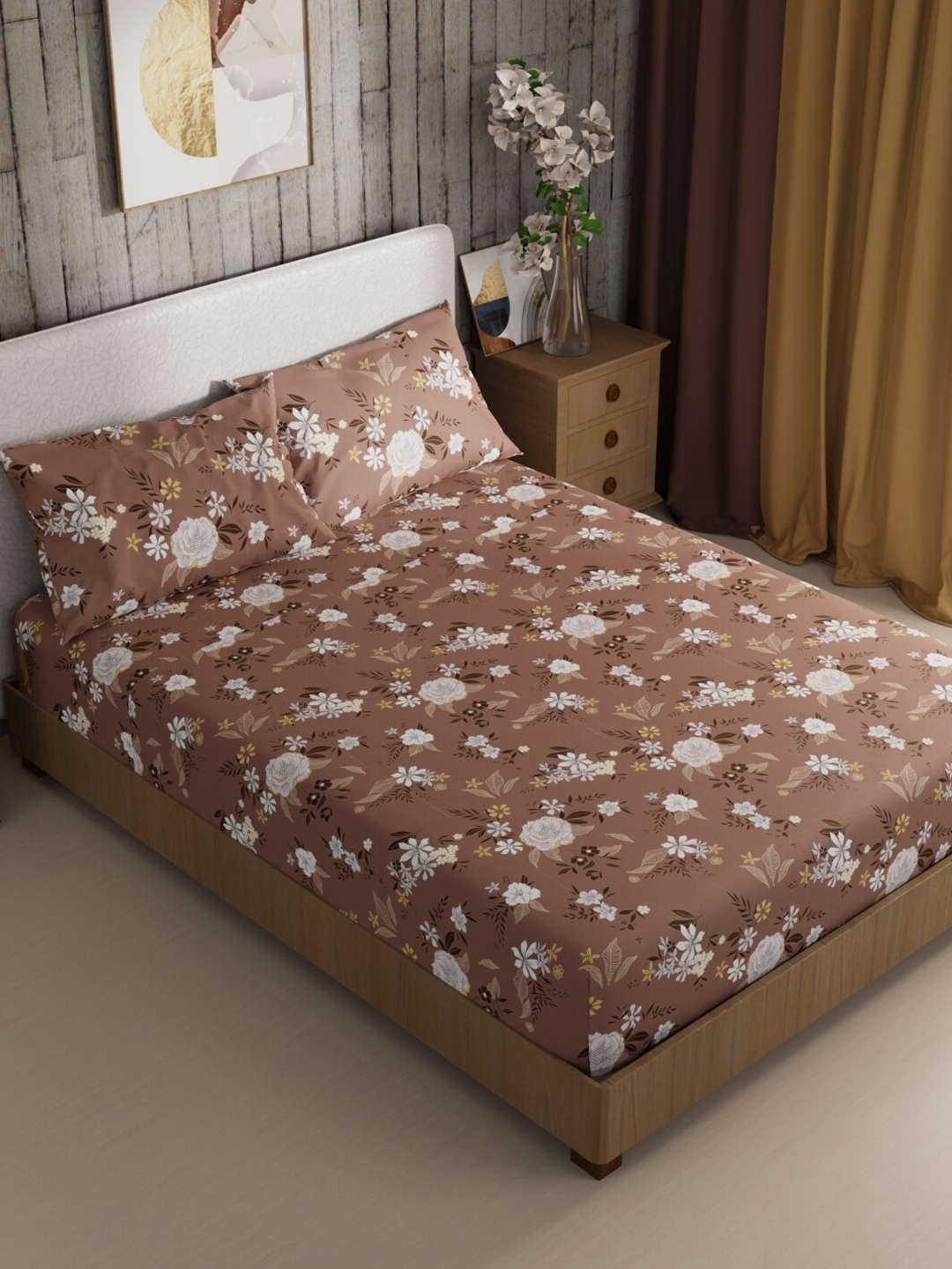 

BIANCA Mikasa Brown & White Floral Microfiber 200 TC King Bedsheet With 2 Pillow Covers