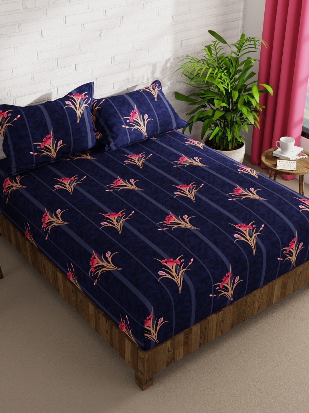 

BIANCA EnvogueNavy Blue & Pink Floral Microfiber 152 TC Queen Bedsheet & 2 Pillow Covers, Navy blue