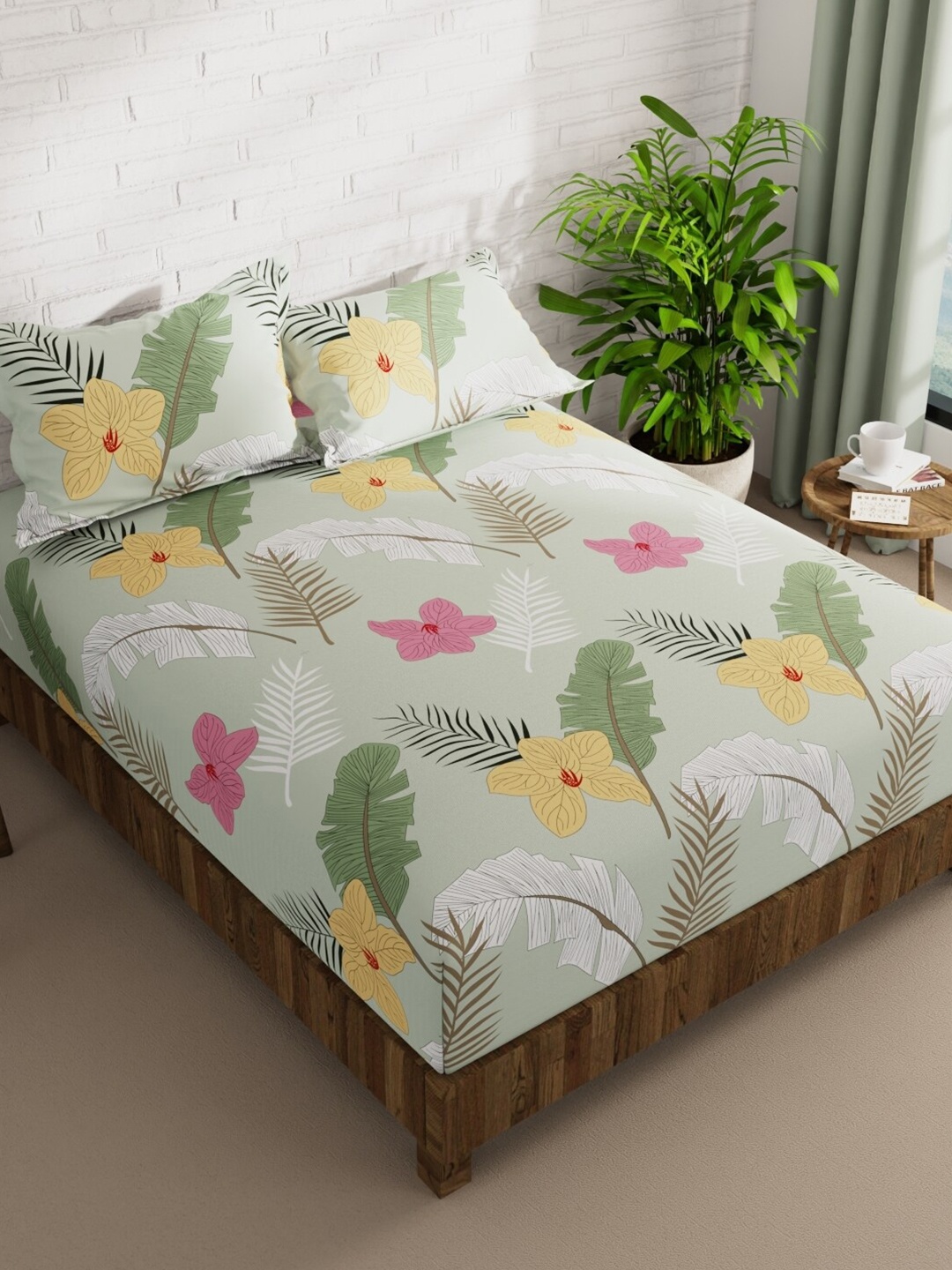 

BIANCA Green & Yellow Floral 152 TC Queen Bedsheet with 2 Pillow Covers