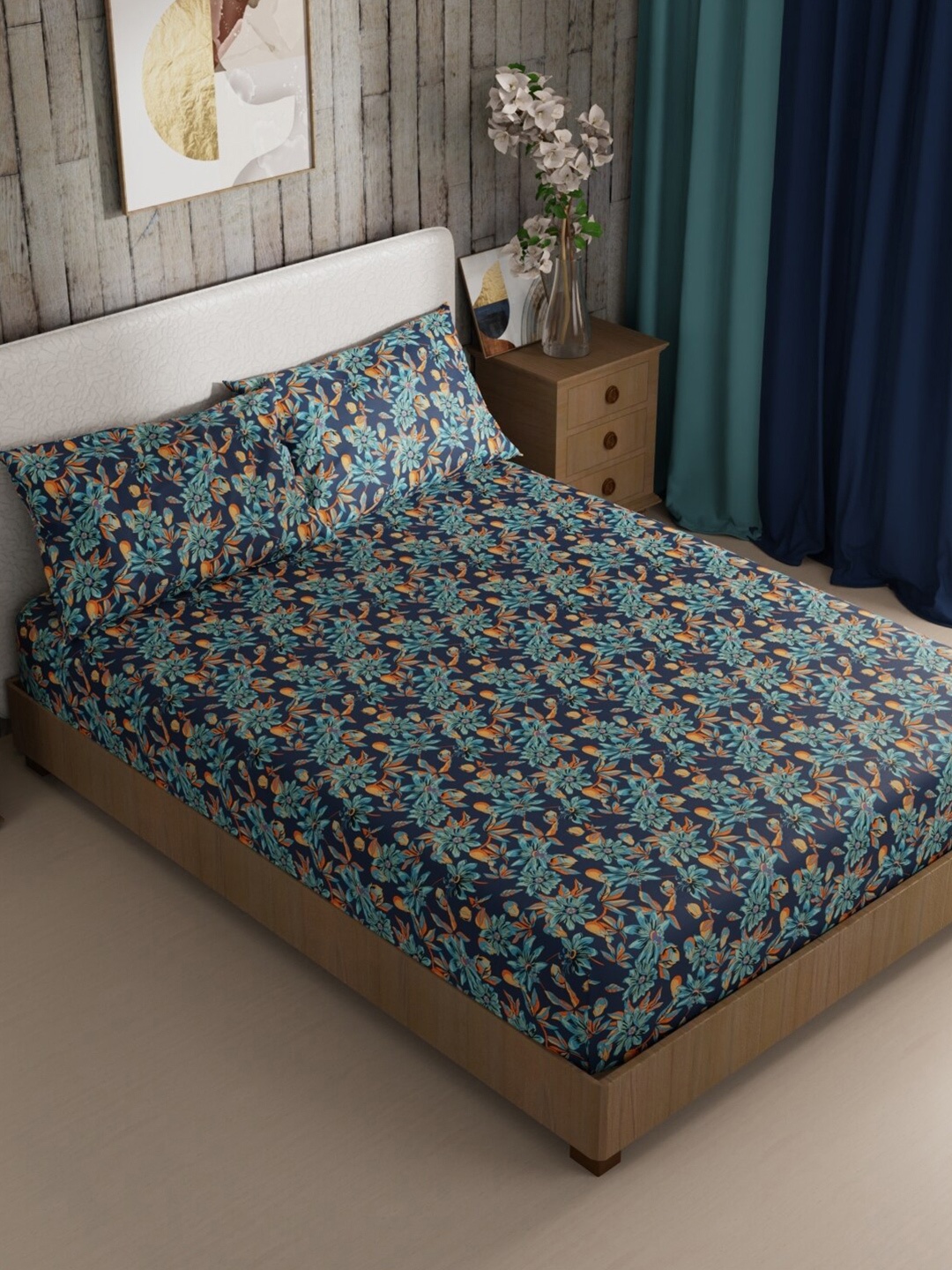 

BIANCA Mikasa Navy Blue & Orange Floral Microfiber 200 TC King Bedsheet & 2 Pillow Covers