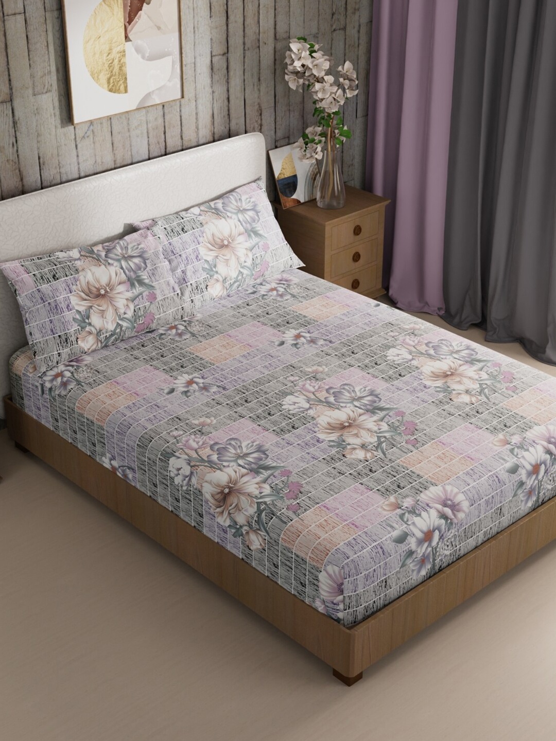 

BIANCA Mikasa Grey & Pink Floral Microfiber 200 TC King Bedsheet With 2 Pillow Covers