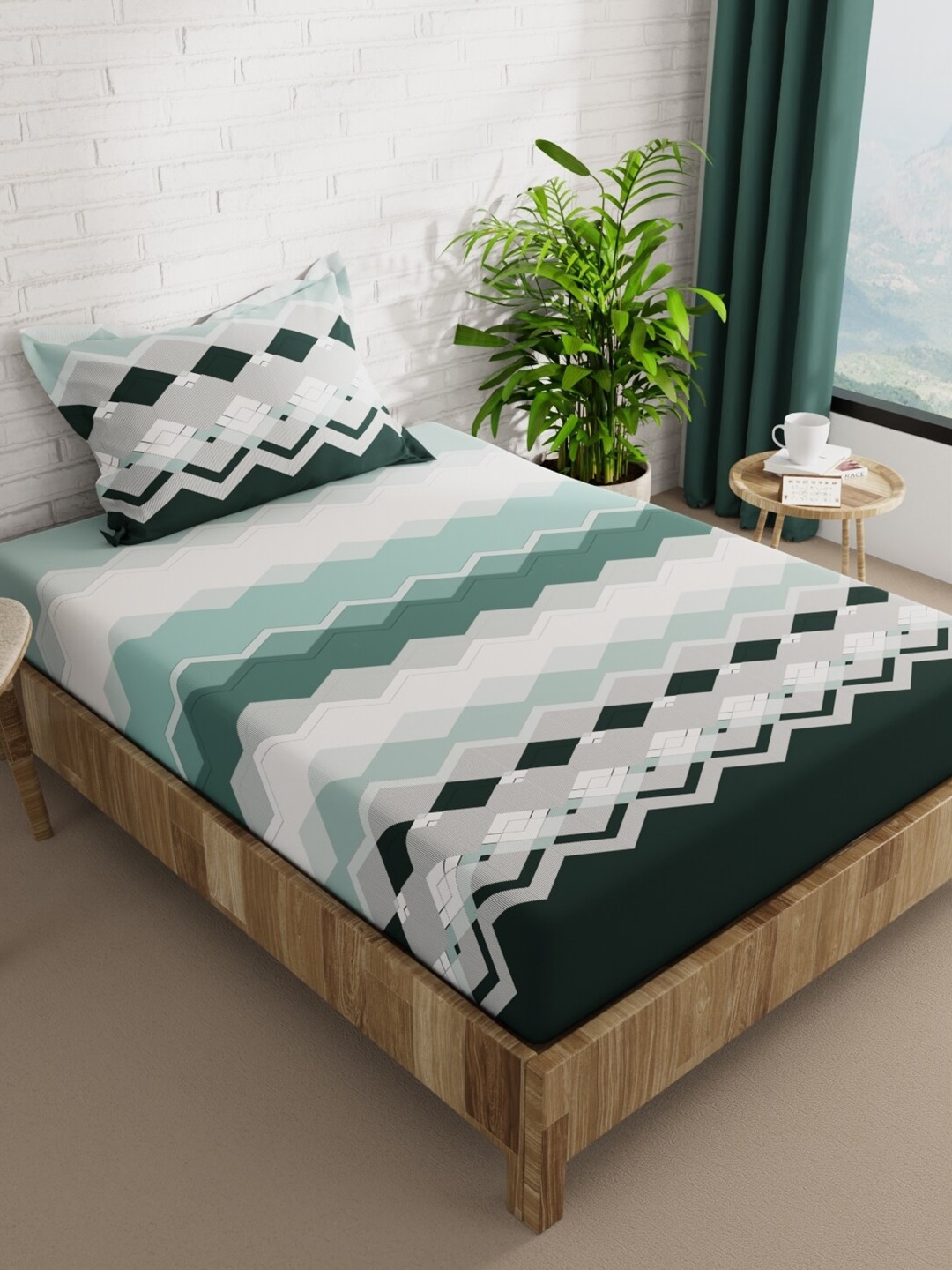 

BIANCA Green & White Geometric Microfiber 152 TC Single Bedsheet With 1 Pillow Cover