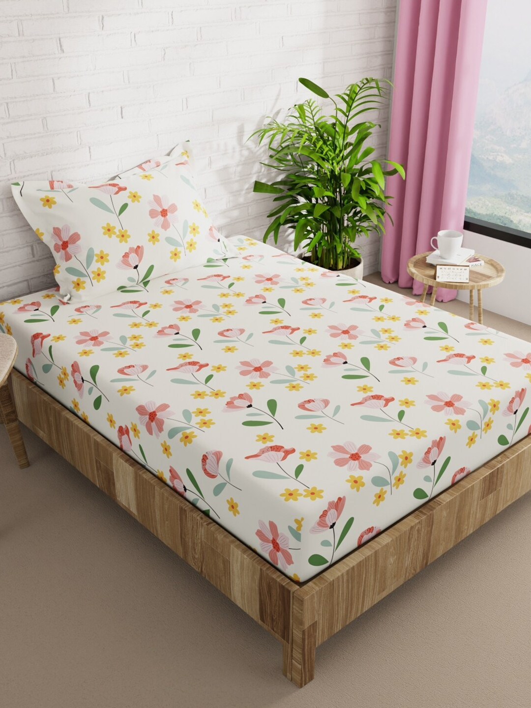 

BIANCA Snuz Cream-Coloured Floral Microfiber 152 TC Single Bedsheet & 1 Pillow Cover