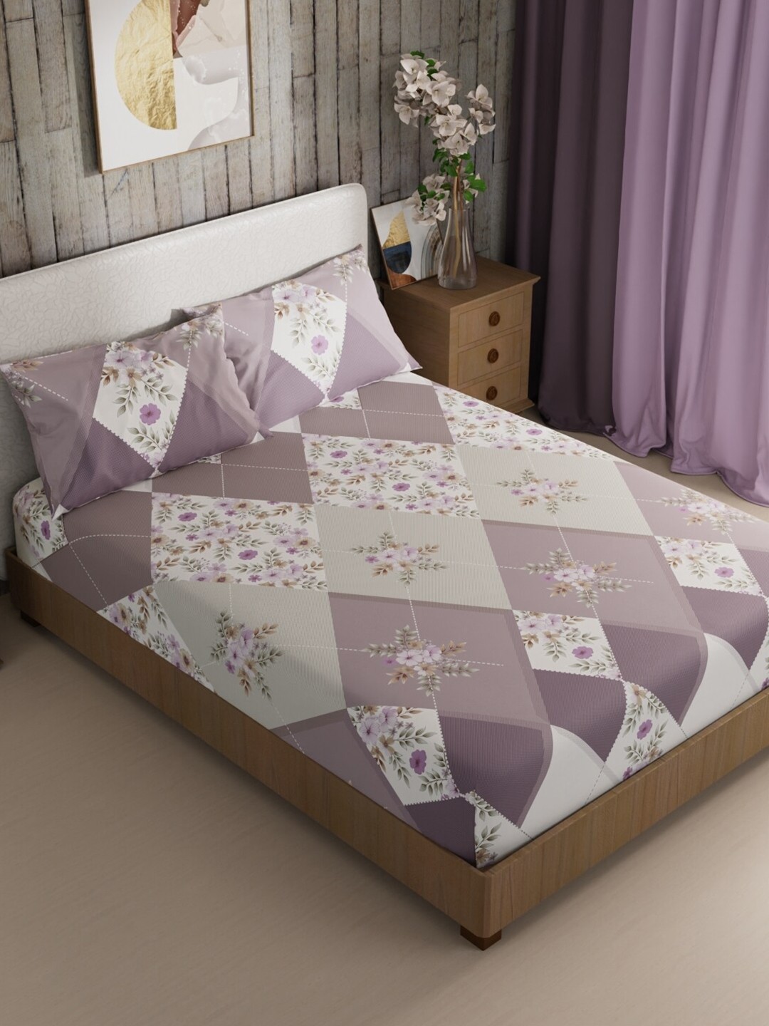 

BIANCA Mikasa Purple & White Printed 200 TC King Bedsheet with 2 Pillow Covers