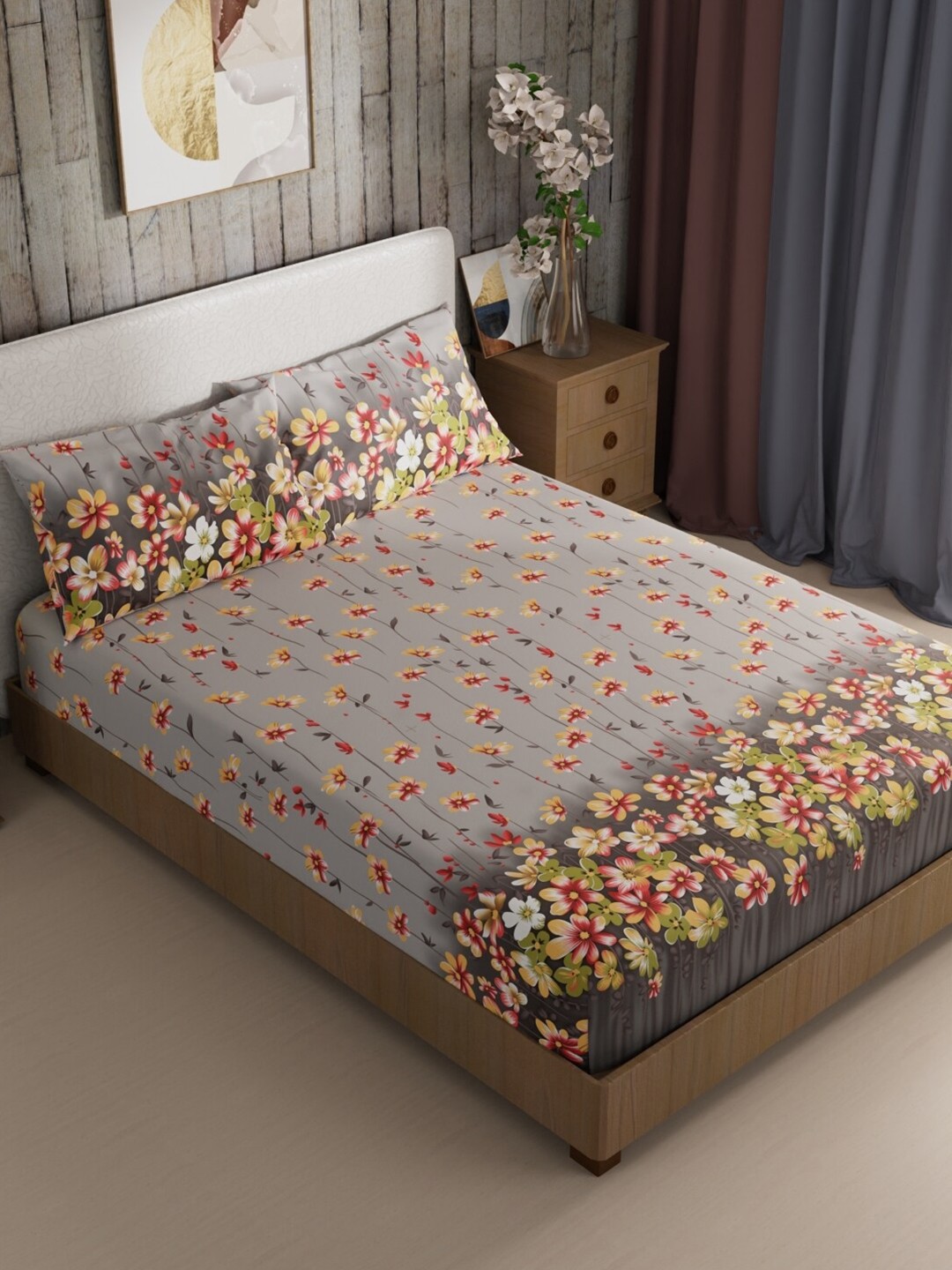 

BIANCA Mikasa Grey & Green Floral Microfiber 200 TC King Bedsheet With 2 Pillow Covers