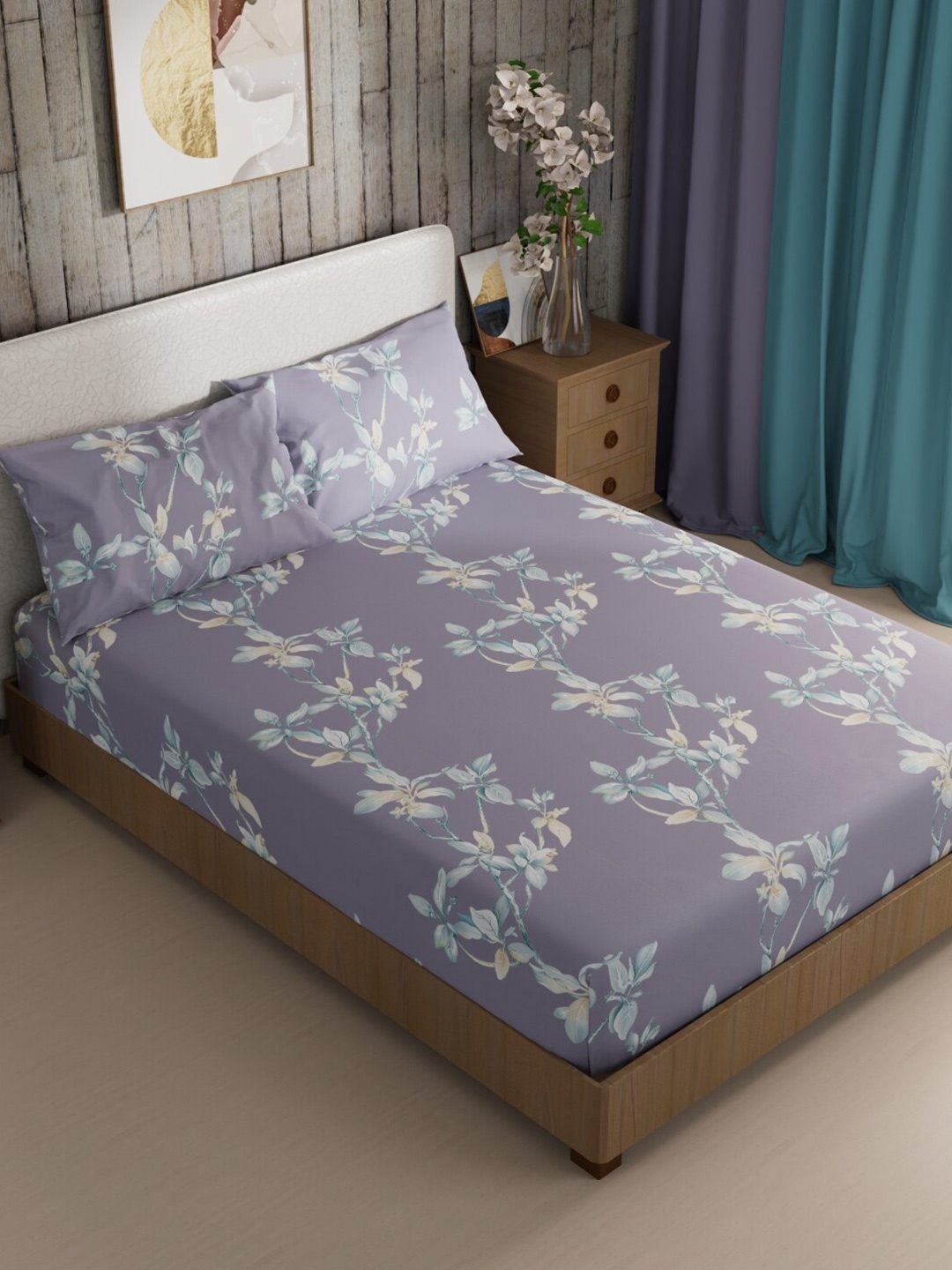

BIANCA Mikasa Purple & Blue Floral Microfiber 200 TC King Bedsheet With 2 Pillow Covers
