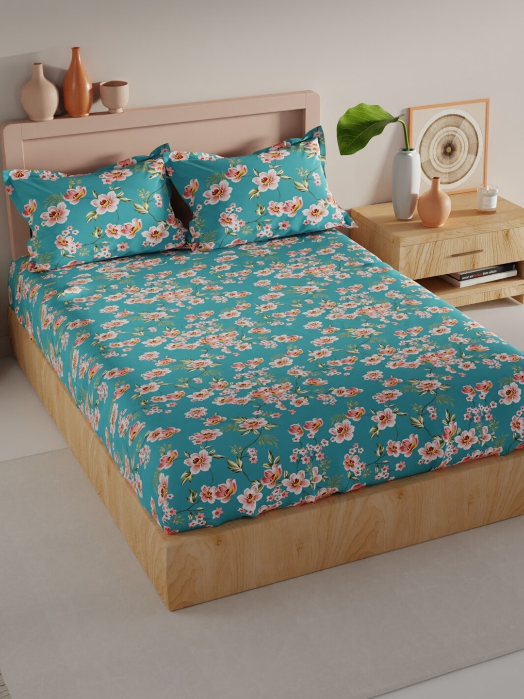 

BIANCA Turquoise Blue & White Floral 200 TC King Bedsheet with 2 Pillow Covers