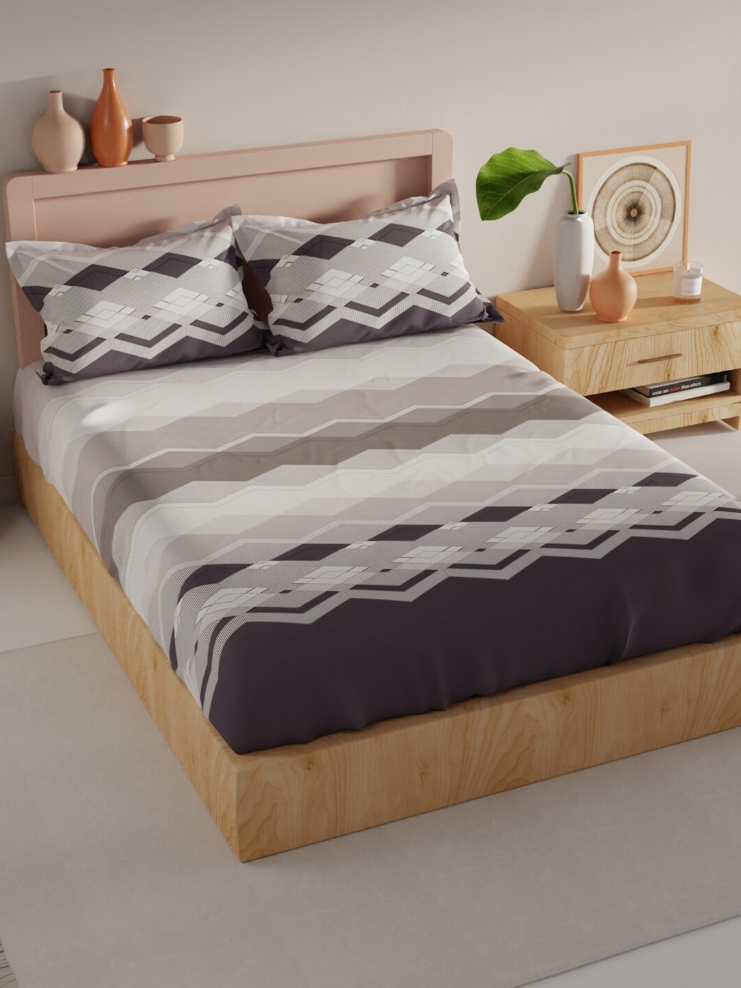

BIANCA Tokyo-Bay Grey Geometric Microfiber 200 TC King Bedsheet With 2 Pillow Covers
