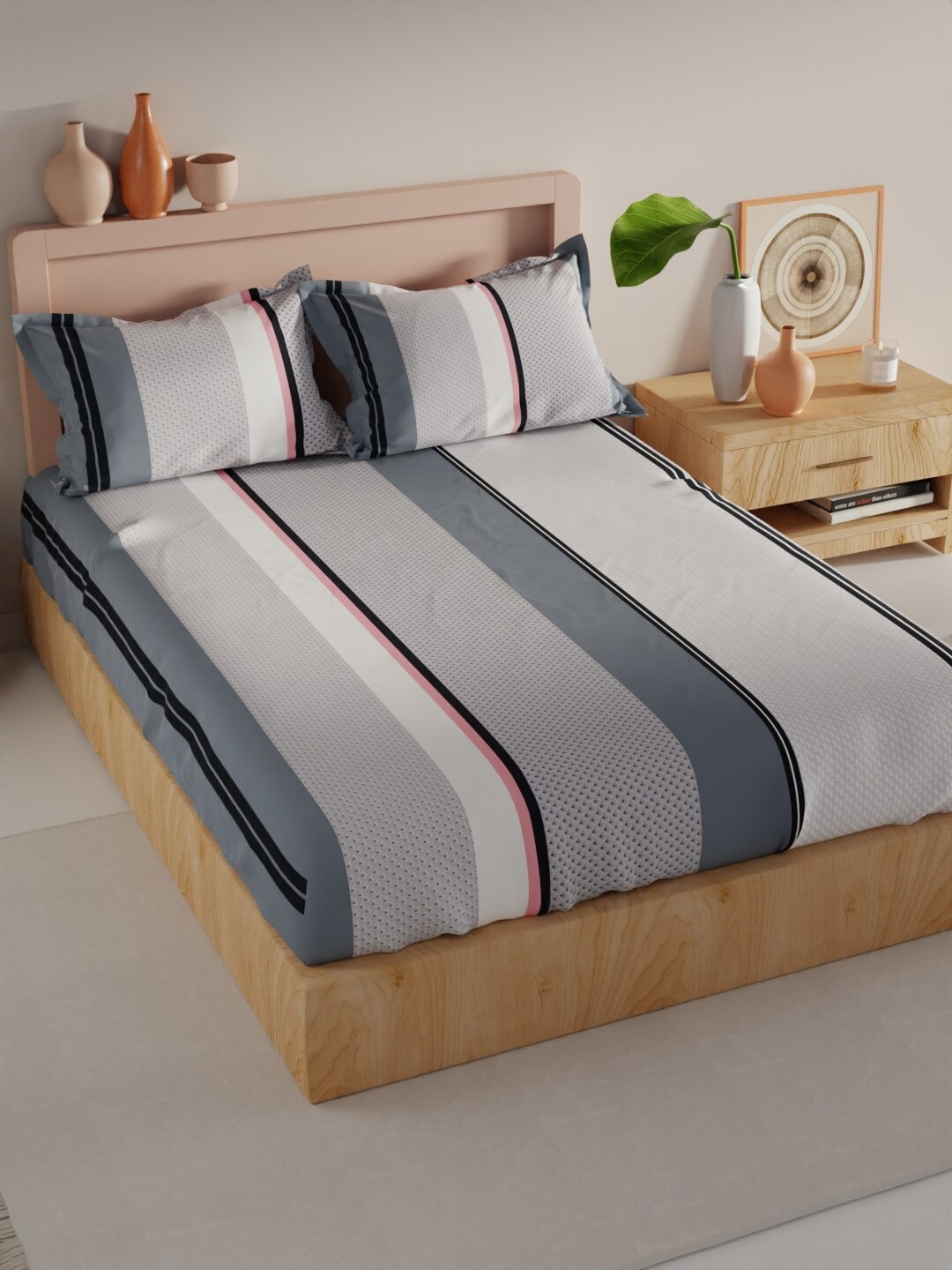 

BIANCA Tokyo-Bay Grey & Black Printed 200 TC King Bedsheet with 2 Pillow Covers