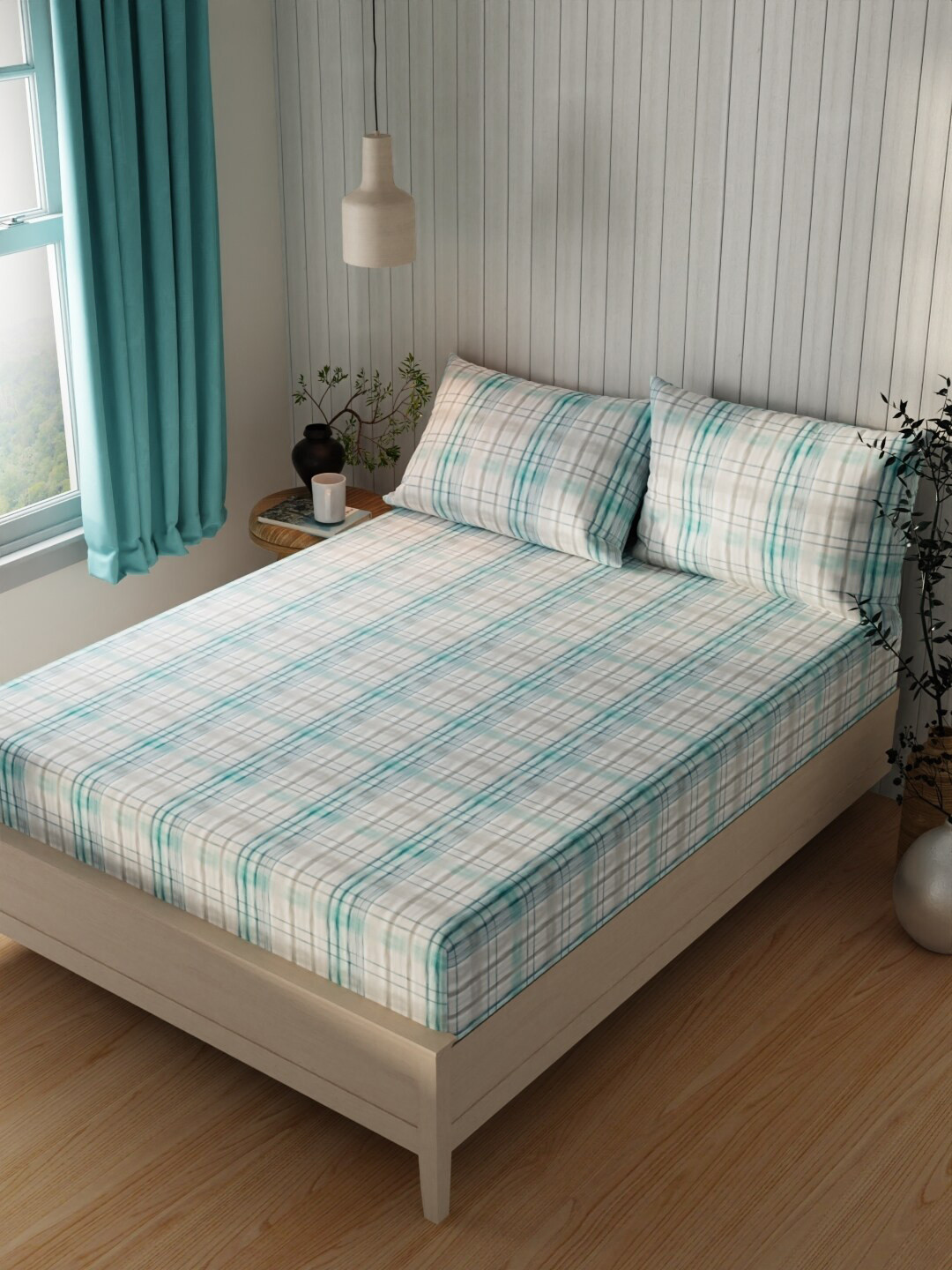 

BIANCA Lopez Teal & White Geometric Microfiber 120 TC Queen Bedsheet With 2 Pillow Covers