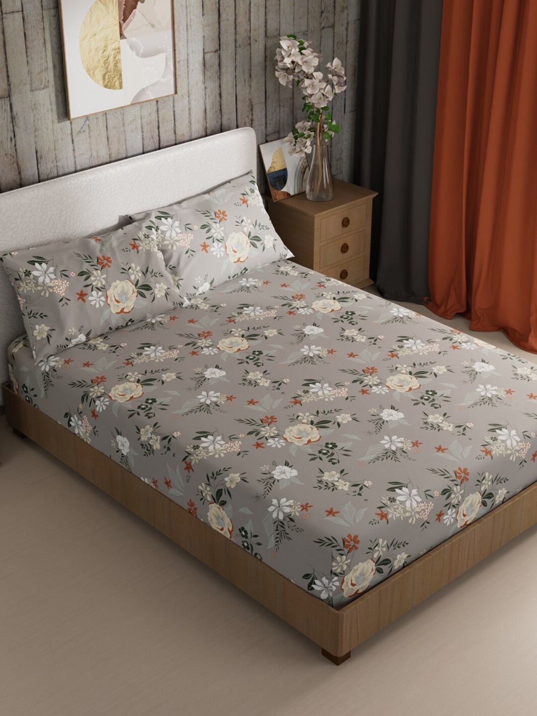

BIANCA Mikasa Grey & Orange Printed 200 TC King Bedsheet with 2 Pillow Covers