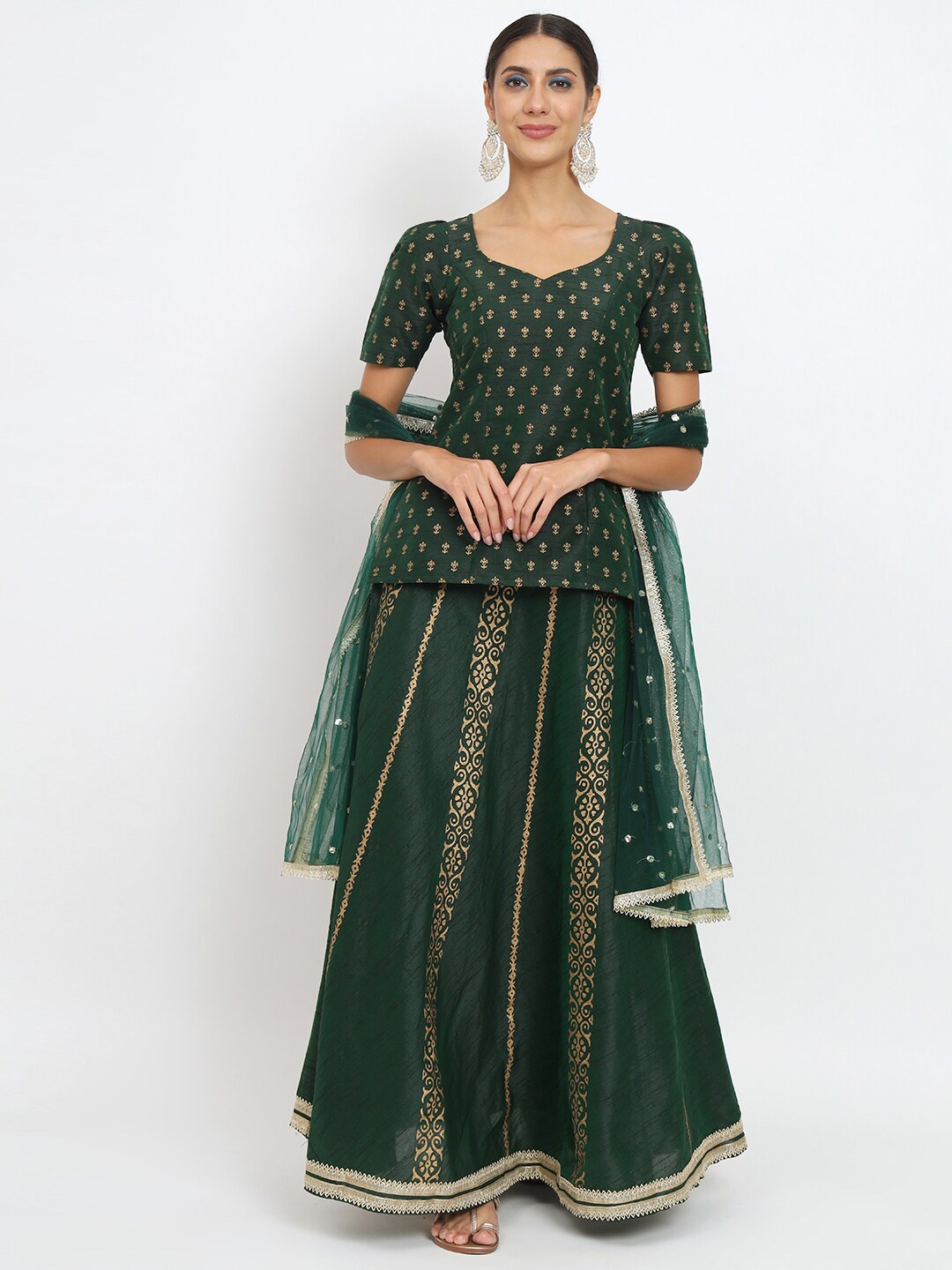 

studio rasa Printed Block Print Puff Sleeve Lehenga & Blouse With Dupatta, Green