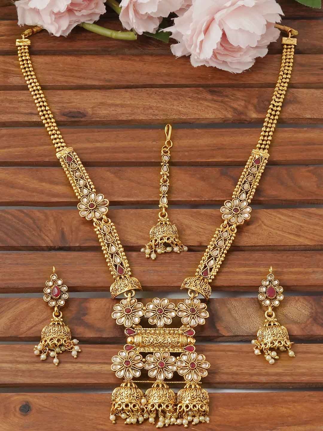 

MANSIYAORANGE Gold-Plated Stone-Studded & Pearl Beaded Jewellery Set