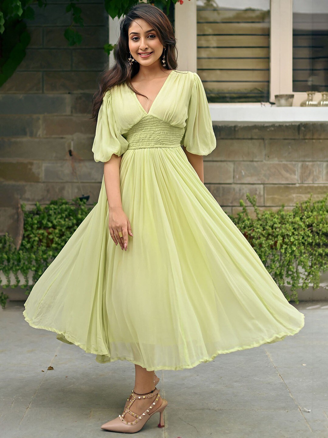 

NORE21 Puff Sleeves Smocked Fit & Flare Midi Dress, Lime green