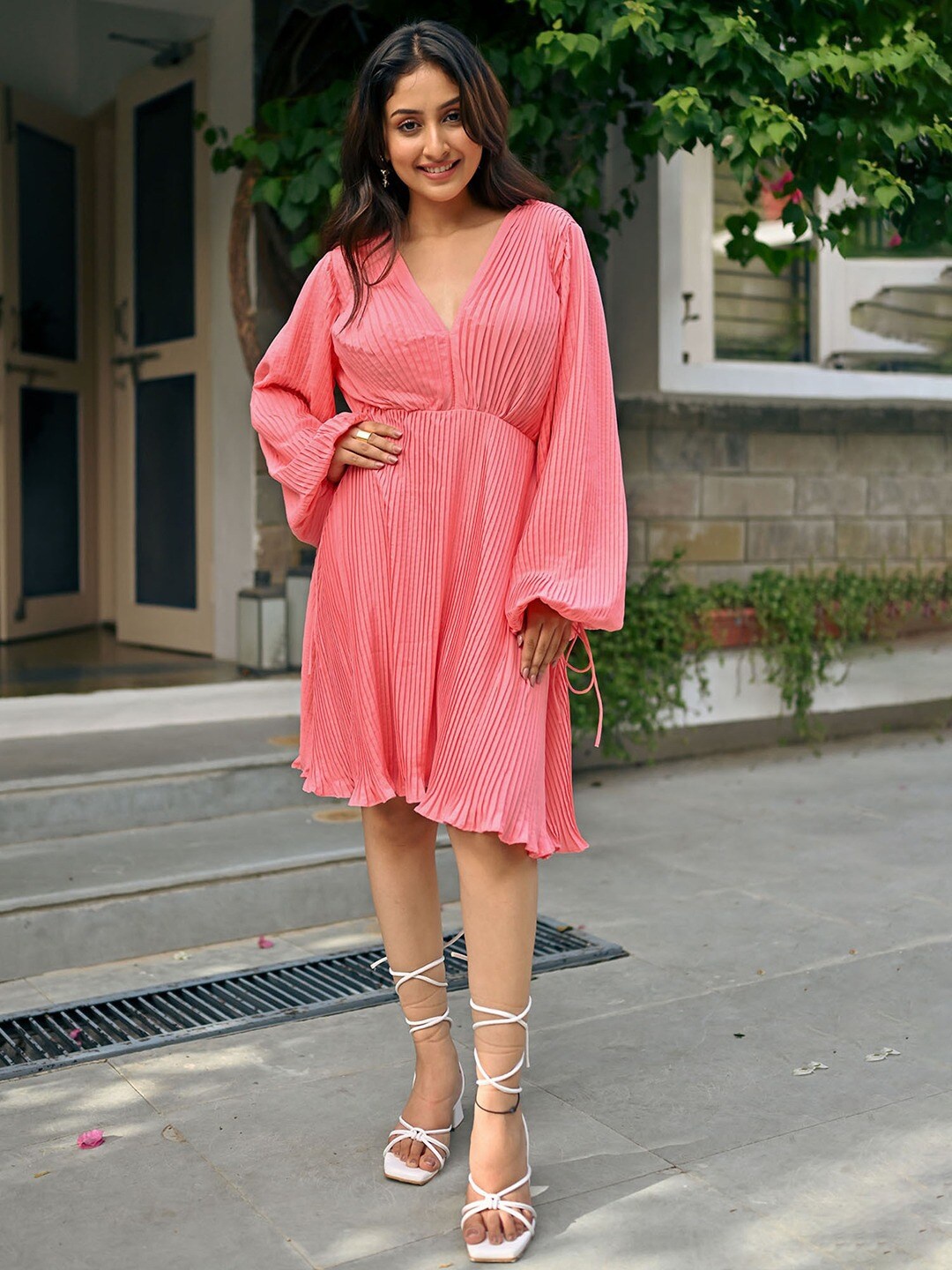 

NORE21 Striped Puff Sleeves A-Line Dress, Pink