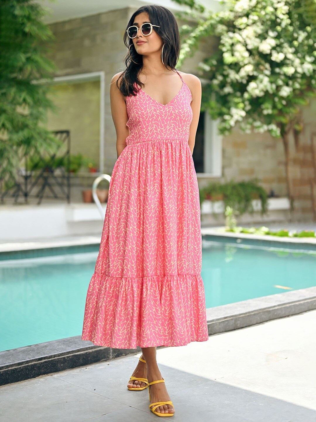 

NORE21 Floral Printed Shoulder Strap Gathered Fit & Flare Midi Dress, Pink
