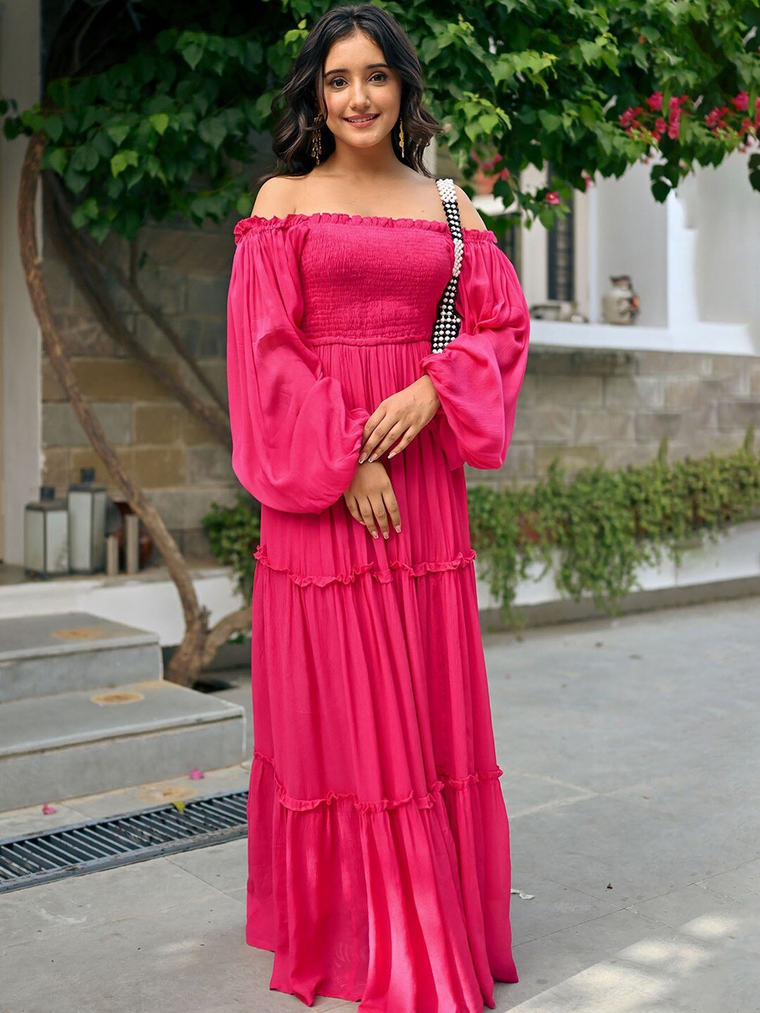 

NORE21 Off-Shoulder Bell Sleeve Smocked Maxi Dress, Magenta
