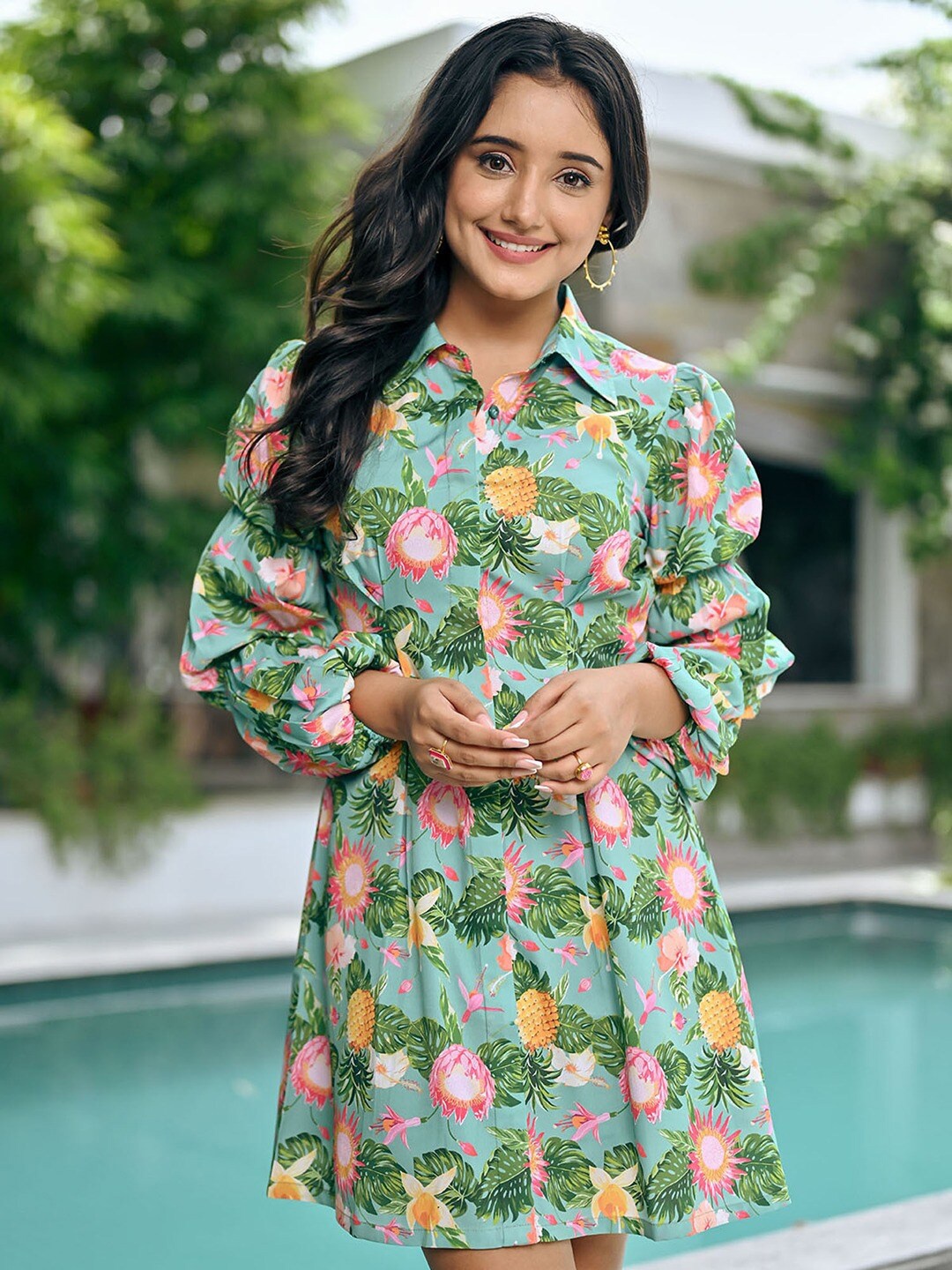 

NORE21 Floral Printed Puff Sleeve Gathered A-Line Dress, Green