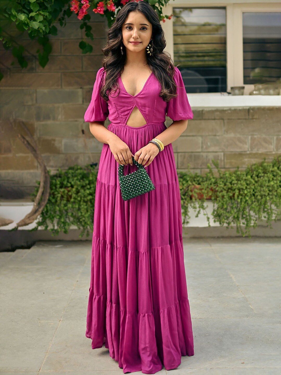 

NORE21 V-Neck Puff Sleeves Cut-Outs Maxi Dress, Purple