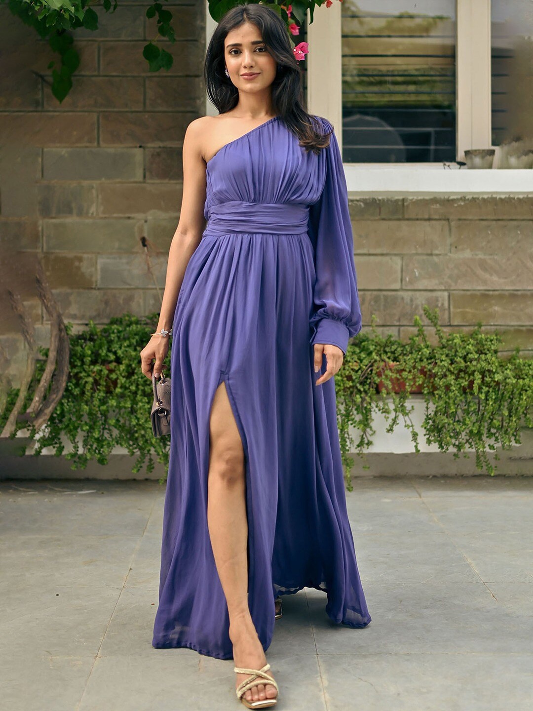 

NORE21 One Shoulder Gathered Georgette Maxi Dress, Navy blue