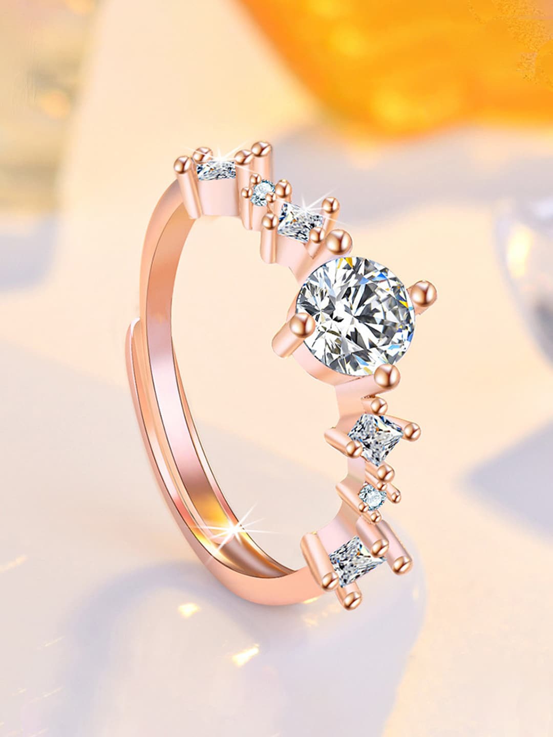 

Jewels Galaxy Rose Gold-Plated American Diamond-Studded Adjustable Finger Ring