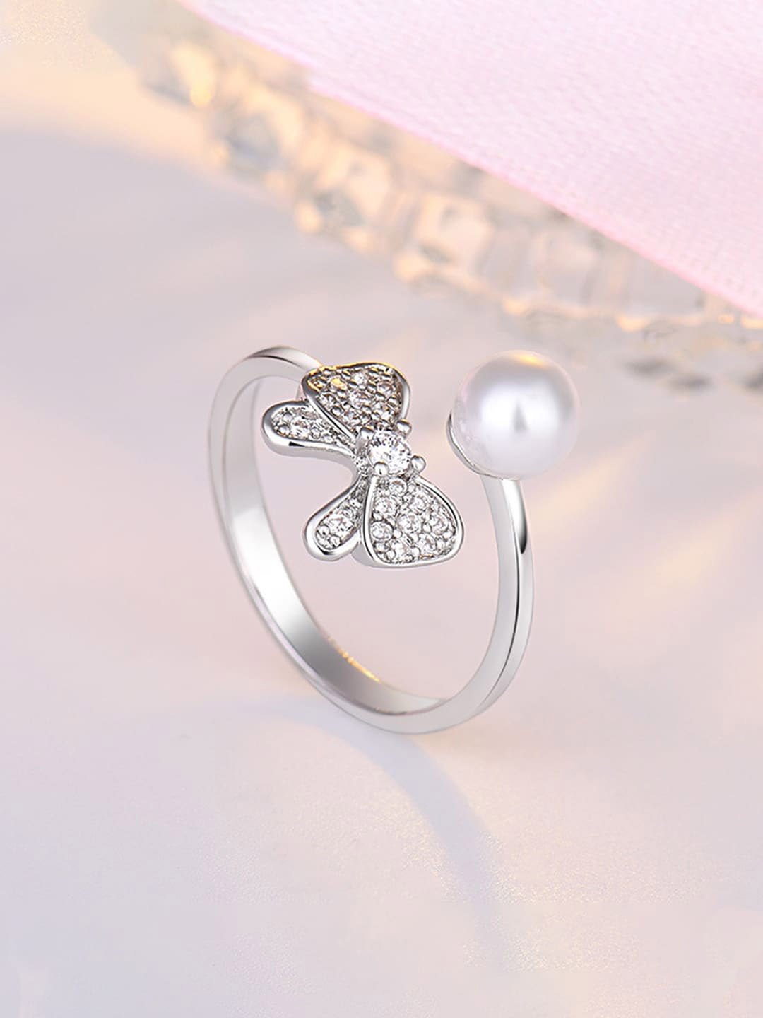 

Jewels Galaxy Silver-Plated American Diamond-Studded Adjustable Finger Ring