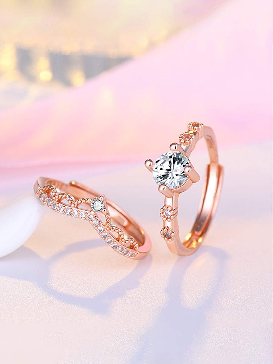 

Jewels Galaxy Rose Gold-Plated American Diamond-Studded Adjustable Finger Ring