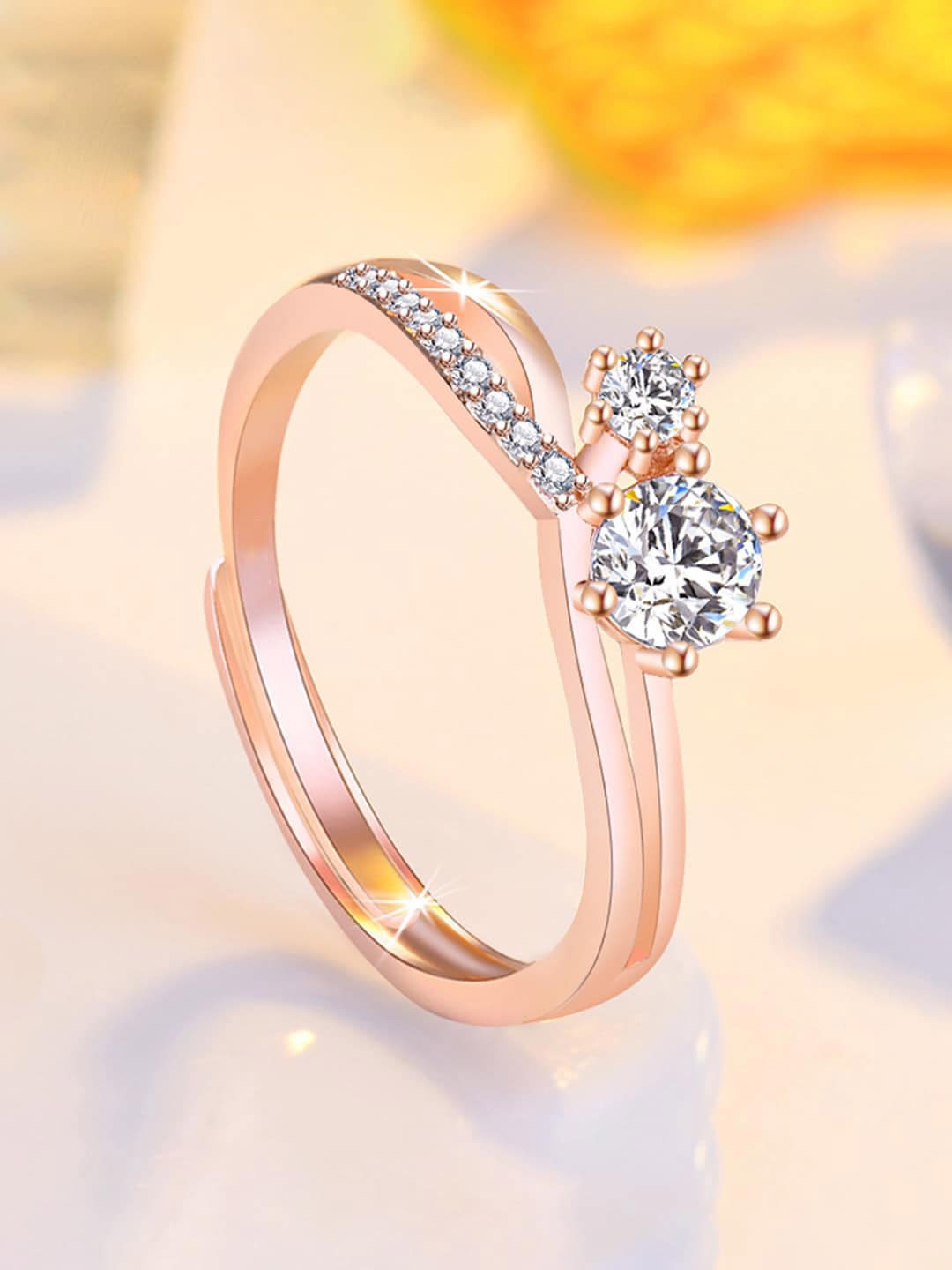 

Jewels Galaxy Rose Gold-Plated American Diamond-Studded Adjustable Finger Ring