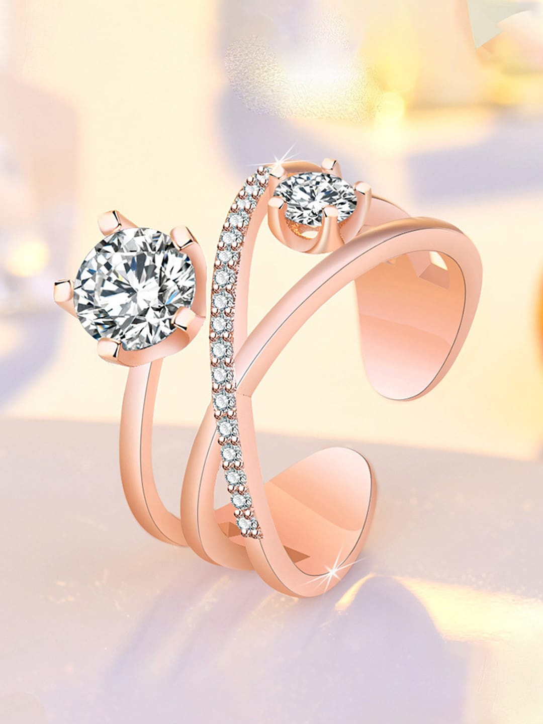 

Jewels Galaxy Rose Gold-Plated American Diamond-Studded Adjustable Finger Ring