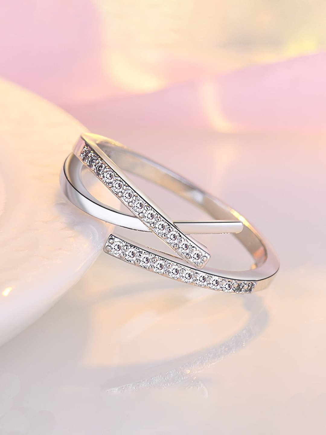 

Jewels Galaxy Silver-Plated American Diamond-Studded Adjustable Finger Ring