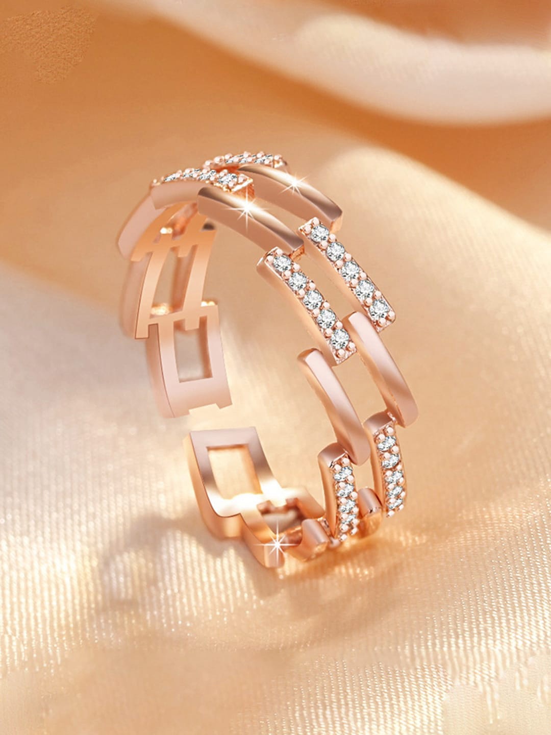 

Jewels Galaxy Rose Gold-Plated American Diamond-Studded Adjustable Finger Ring