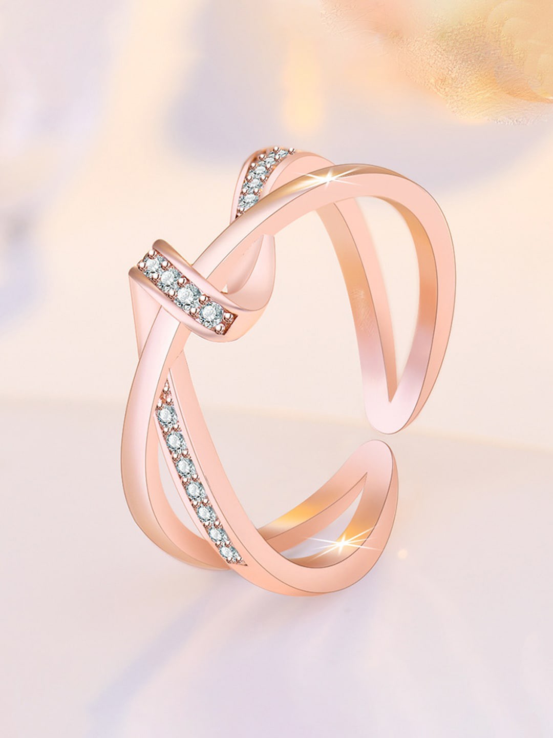 

Jewels Galaxy Rose Gold-Plated American Diamond-Studded Adjustable Finger Ring